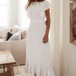 LAKE FLOWER FASHION New Arrivals Janet Ruffle Sleeve Maxi Dress In Beige 25 LAKE FLOWER FASHION New Arrivals Janet Ruffle Sleeve Maxi Dress In Beige