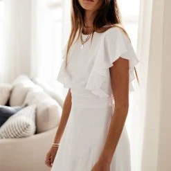 LAKE FLOWER FASHION New Arrivals Janet Ruffle Sleeve Maxi Dress In White