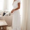 LAKE FLOWER FASHION New Arrivals Janet Ruffle Sleeve Maxi Dress In White