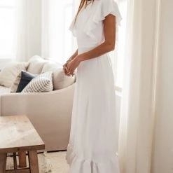 LAKE FLOWER FASHION New Arrivals Janet Ruffle Sleeve Maxi Dress In White