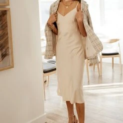 FUN 2 FUN Fresh Markdowns Braelynn Slip Dress In Beige - FINAL SALE