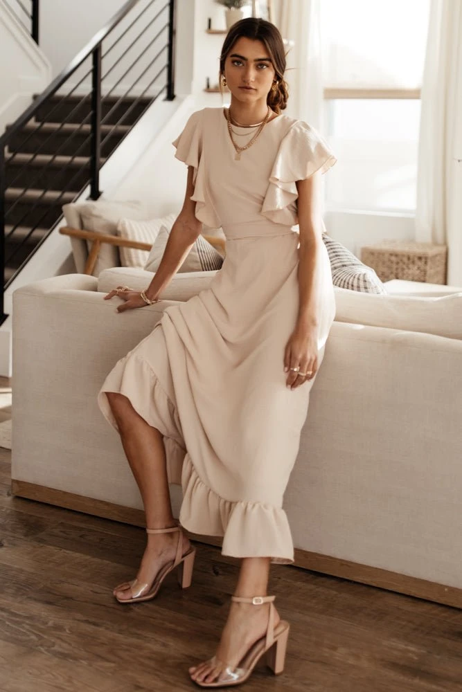 LAKE FLOWER FASHION New Arrivals Janet Ruffle Sleeve Maxi Dress In Beige 3 LAKE FLOWER FASHION New Arrivals Janet Ruffle Sleeve Maxi Dress In Beige