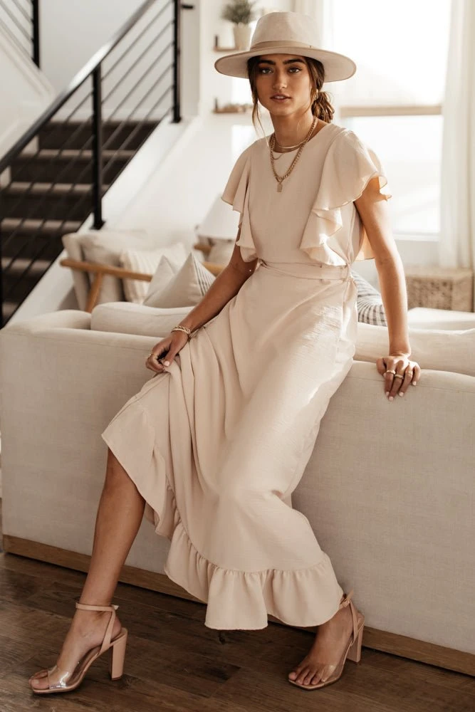 LAKE FLOWER FASHION New Arrivals Janet Ruffle Sleeve Maxi Dress In Beige 6 LAKE FLOWER FASHION New Arrivals Janet Ruffle Sleeve Maxi Dress In Beige