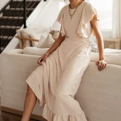 LAKE FLOWER FASHION New Arrivals Janet Ruffle Sleeve Maxi Dress In White