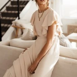 LAKE FLOWER FASHION New Arrivals Janet Ruffle Sleeve Maxi Dress In Beige