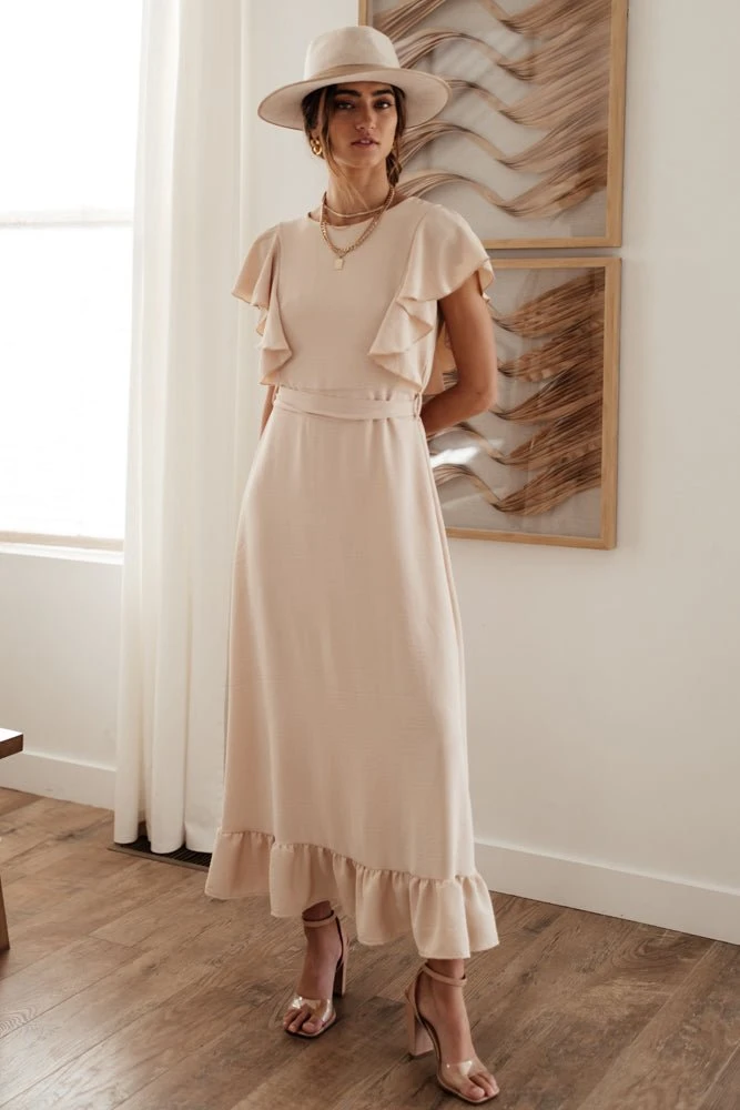 LAKE FLOWER FASHION New Arrivals Janet Ruffle Sleeve Maxi Dress In Beige 7 LAKE FLOWER FASHION New Arrivals Janet Ruffle Sleeve Maxi Dress In Beige