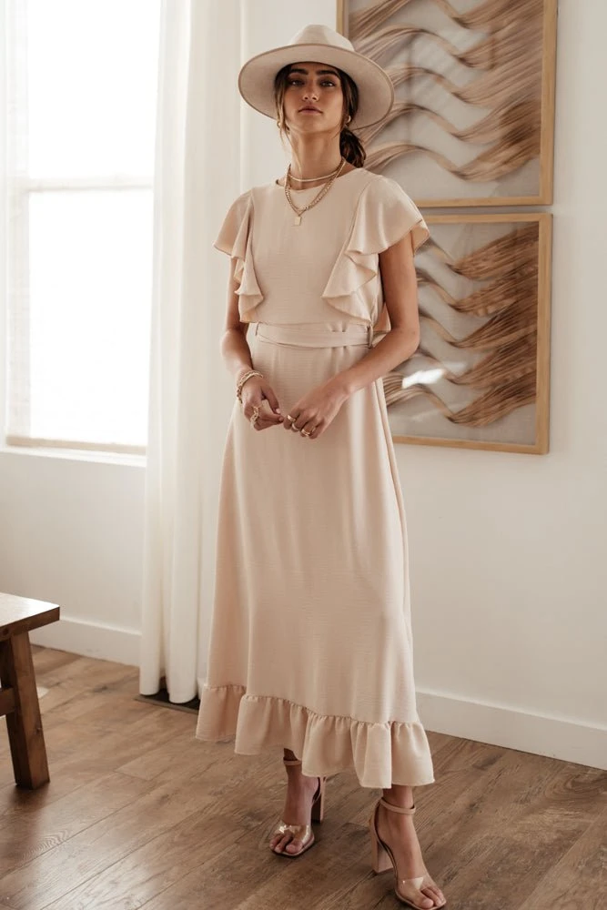 LAKE FLOWER FASHION New Arrivals Janet Ruffle Sleeve Maxi Dress In Beige 8 LAKE FLOWER FASHION New Arrivals Janet Ruffle Sleeve Maxi Dress In Beige