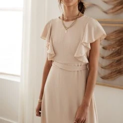 LAKE FLOWER FASHION New Arrivals Janet Ruffle Sleeve Maxi Dress In Beige 20 LAKE FLOWER FASHION New Arrivals Janet Ruffle Sleeve Maxi Dress In Beige