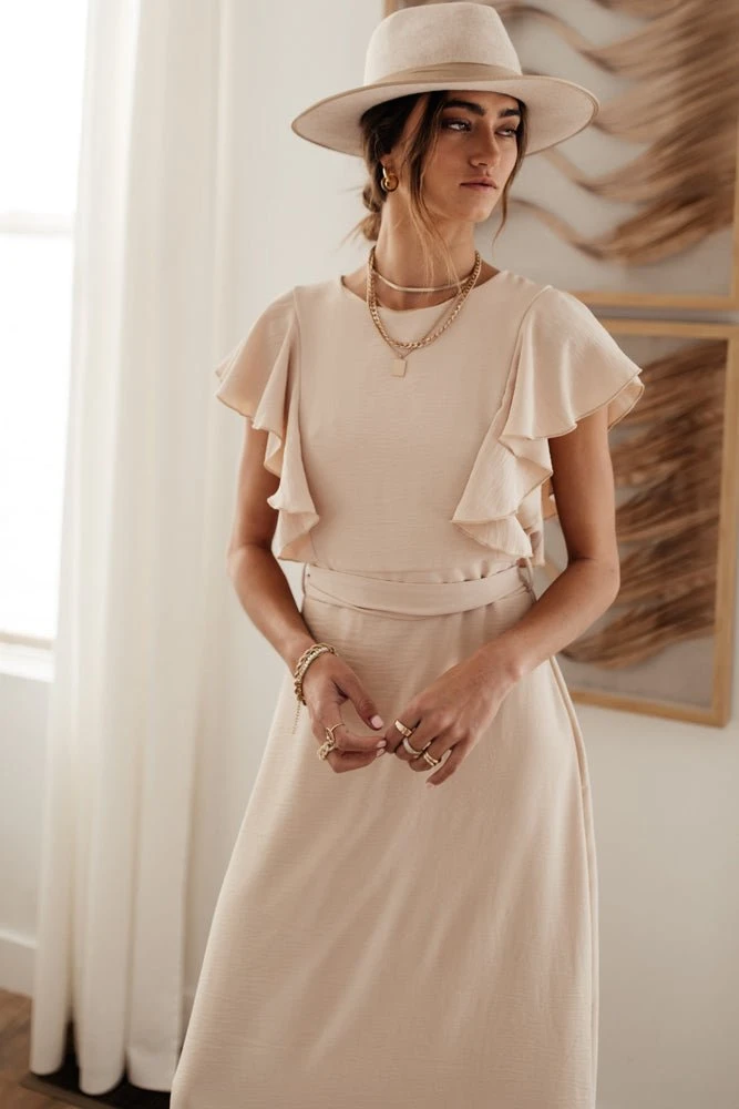 LAKE FLOWER FASHION New Arrivals Janet Ruffle Sleeve Maxi Dress In Beige 10 LAKE FLOWER FASHION New Arrivals Janet Ruffle Sleeve Maxi Dress In Beige