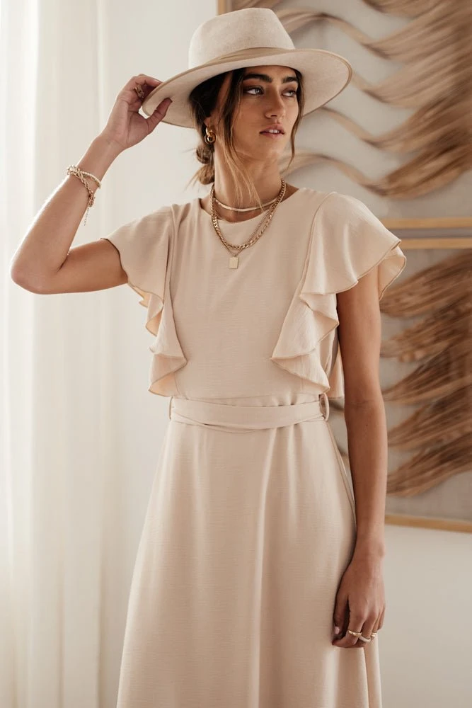 LAKE FLOWER FASHION New Arrivals Janet Ruffle Sleeve Maxi Dress In Beige 11 LAKE FLOWER FASHION New Arrivals Janet Ruffle Sleeve Maxi Dress In Beige