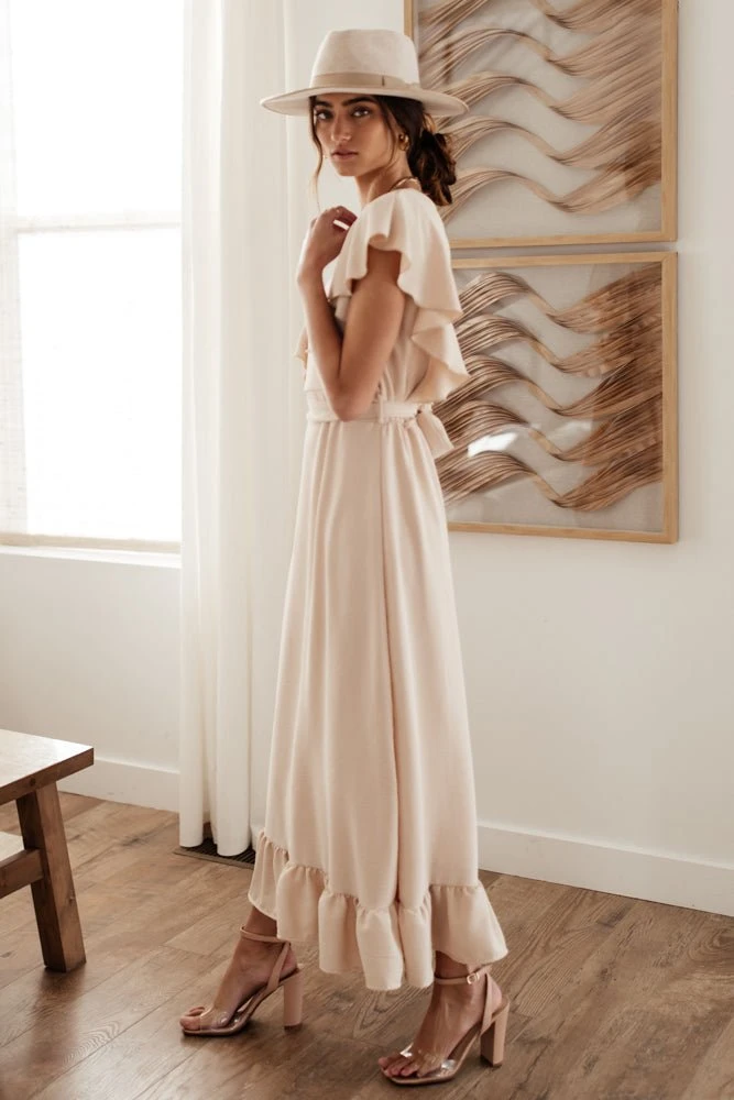 LAKE FLOWER FASHION New Arrivals Janet Ruffle Sleeve Maxi Dress In Beige 5 LAKE FLOWER FASHION New Arrivals Janet Ruffle Sleeve Maxi Dress In Beige
