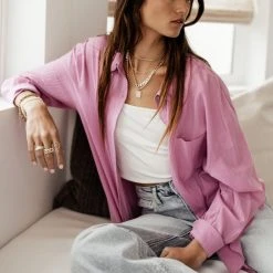 FUN 2 FUN Larissa Button Down Blouse In Pink Tops