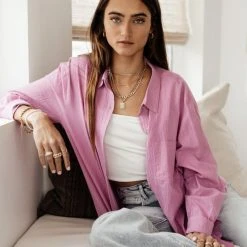 FUN 2 FUN Larissa Button Down Blouse In Pink Tops