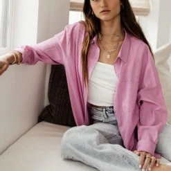 FUN 2 FUN Larissa Button Down Blouse In Pink Tops