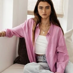 FUN 2 FUN Larissa Button Down Blouse In Pink Tops