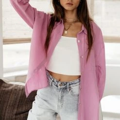 FUN 2 FUN Larissa Button Down Blouse In Pink Tops