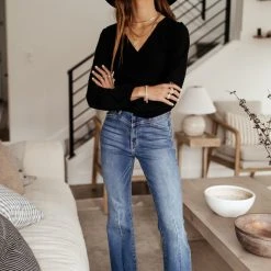 LIME N CHILI Long Sleeve Noemi Pom Pom Blouse In Black