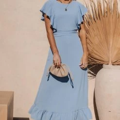LAKE FLOWER FASHION Janet Ruffle Sleeve Maxi Dress In Light Blue
