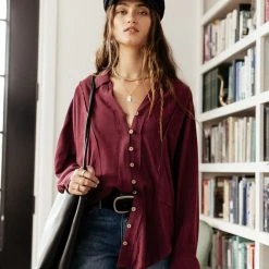 LISTICLE Fresh Markdowns Rosealie Oversized Shirt In Burgundy - FINAL SALE
