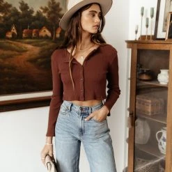 LUSH CLOTHING Bronte Cropped Cardigan In Brick