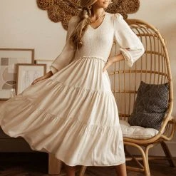 LUMIERE New Arrivals PREORDER - Smocked Tiered Midi Dress In Ivory