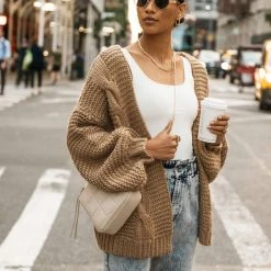 CALISTA Maren Cable-Knit Cardigan In Taupe - FINAL SALE