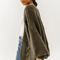 CALISTA Maren Cable-Knit Cardigan In Olive - FINAL SALE Outerwear