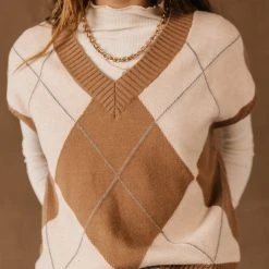 PROMESA Sweaters Ella Argyle Sweater Vest In Camel - FINAL SALE