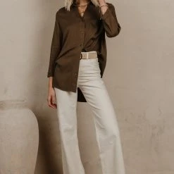 DRESS FORUM Long Sleeve Sheera Button Down Top In Olive