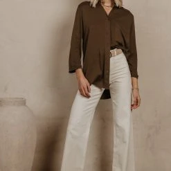 DRESS FORUM Long Sleeve Sheera Button Down Top In Olive