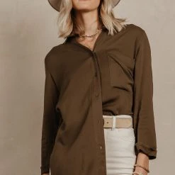 DRESS FORUM Long Sleeve Sheera Button Down Top In Olive