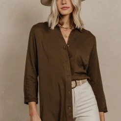 DRESS FORUM Long Sleeve Sheera Button Down Top In Olive
