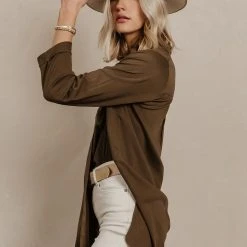 DRESS FORUM Long Sleeve Sheera Button Down Top In Olive