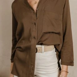 DRESS FORUM Long Sleeve Sheera Button Down Top In Olive