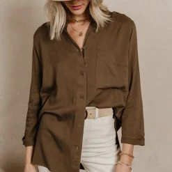 DRESS FORUM Long Sleeve Sheera Button Down Top In Olive