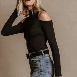 FINAL TOUCH COLLECTION Fresh Markdowns Cathy Open Shoulder Top In Black - FINAL SALE