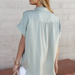 FUN 2 FUN Flavie Button Down Blouse In Sage Tops