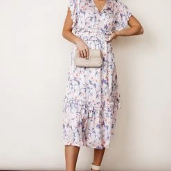 WORUI Willa Ruffle Dress In Burgundy Floral Bohme In Bloom