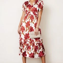 WORUI Willa Ruffle Dress In Burgundy Floral Bohme In Bloom