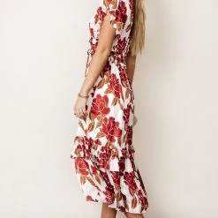 WORUI Willa Ruffle Dress In Burgundy Floral Bohme In Bloom