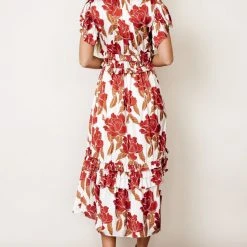 WORUI Willa Ruffle Dress In Burgundy Floral Bohme In Bloom