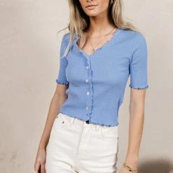 Vero Moda Hailey Ribbed Top In Blue Shirts & Blouses