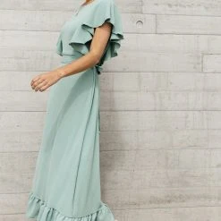 LAKE FLOWER FASHION Janet Ruffle Sleeve Maxi Dress In Sage Dresses