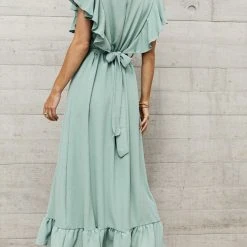 LAKE FLOWER FASHION Janet Ruffle Sleeve Maxi Dress In Sage Dresses