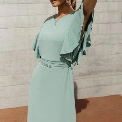 LAKE FLOWER FASHION Janet Ruffle Sleeve Maxi Dress In Sage Dresses