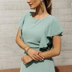 LAKE FLOWER FASHION Janet Ruffle Sleeve Maxi Dress In Sage Dresses