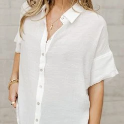 FUN 2 FUN Tops Veronica Button Down Blouse In White