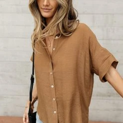 FUN 2 FUN Veronica Button Down Blouse In Cognac Tops 17 FUN 2 FUN Veronica Button Down Blouse In Cognac Tops