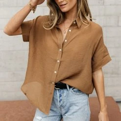 FUN 2 FUN Veronica Button Down Blouse In Cognac Tops