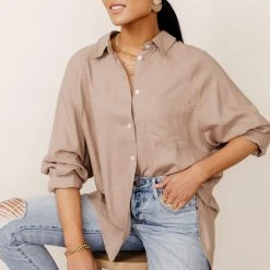 FUN 2 FUN Maude Button Down Blouse In Taupe